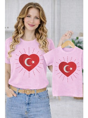 Vodexa Anne Ünisex Çocuk Kombin Oversize Tişört Twin T-Shirt Kalpli Bayrak Baskılı