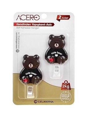 Cute Bear Kendinden Yapışkanlı Askı 2li, Sevimli Ayıcık Mutfak ve Banyo Askısı x 2 Adet, 2 kg Taşıma Kapasiteli Güçlü Yapışkanlı Plastik Askı - 38313