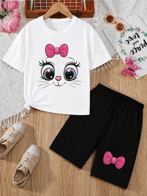 Vodexa Kız Çocuk Tişört ve Şort Takım %100 Pamuk Yazlık Rahat Kalıp Baskılı T-Shirt Çocuk Kombin