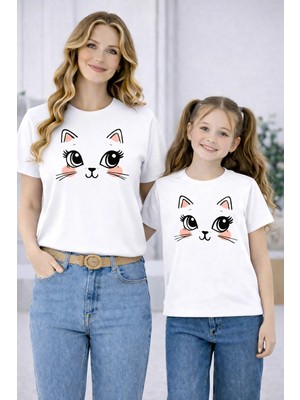 Vodexa Anne Ünisex Çocuk Kombin Oversize Tişört Twin T-Shirt Gülümseyen Yüz Baskılı
