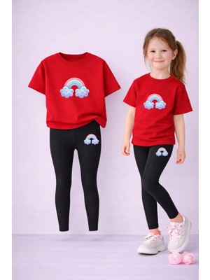 Vodexa Tayt-T-Shirt Takım Anne Kız Kombin %100 Pamuk Esnek Rahat Günlük Spor Kombin