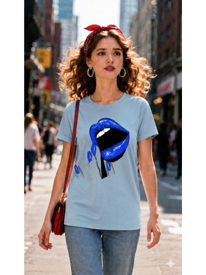 Vodexa Kadın Oversize T-Shirt Mavi Dudak Baskılı %100 Pamuk Tişört Rahat Kalıp