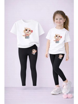 Vodexa Anne Kız Kombin Tayt-T-Shirt Takım %100 Pamuk Baskılı Esnek Rahat Günlük Spor Kombin