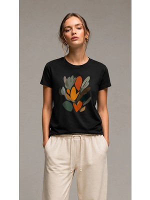 Vodexa Kadın Oversize T-Shirt Yapraklar Baskılı %100 Pamuk Tişört Rahat Kalıp