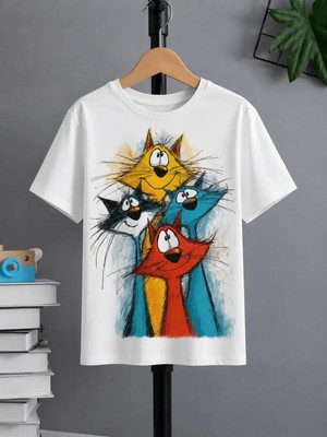Vodexa Ünisex Oversize T-Shirt 4 Kedi Baskılı %100 Pamuk Tişört Rahat Kalıp