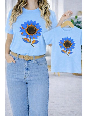 Vodexa Anne Ünisex Çocuk Kombin Oversize Tişört Twin T-Shirt Mavi Çiçekler Baskılı