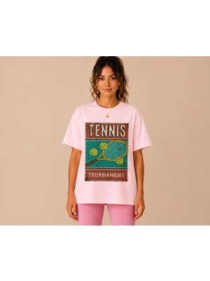 Vodexa Unisex Oversize Tennis Baskılı T-Shirt %100 Pamuk Tenis Temalı Rahat Kalıp Kısa Kollu Tişört