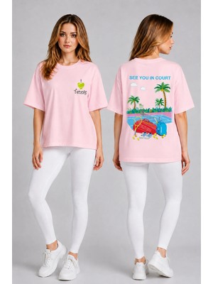 Vodexa Unisex Oversize Tennis Baskılı T-Shirt %100 Pamuk Tenis Temalı Rahat Kalıp Kısa Kollu Tişört