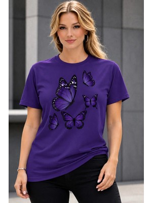 Vodexa Kadın Oversize T-Shirt Renkli Kelebekler Baskılı %100 Pamuk Tişört Rahat Kalıp
