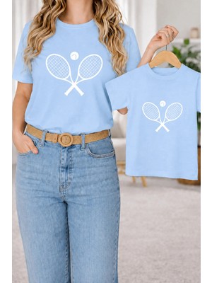 Vodexa Anne Kız Kombin Oversize Raket Baskılı Tişört Twin T-Shirt %100 Pamuk Rahat Kalıp