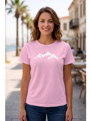 Vodexa Kadın Oversize T-Shirt Sıra Daglar Baskılı %100 Pamuk Tişört Rahat Kalıp