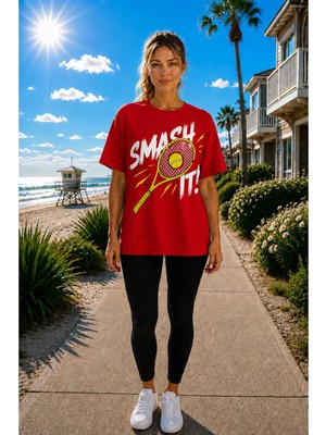 Vodexa Unisex Oversize Tennis Baskılı T-Shirt %100 Pamuk Tenis Temalı Rahat Kalıp Kısa Kollu Tişört