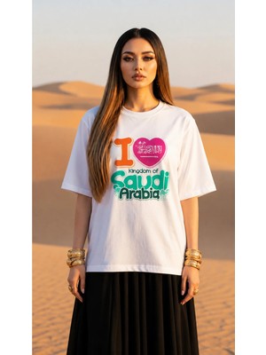 Vodexa Kadın Oversize T-Shirt Arabia Baskılı %100 Pamuk Tişört Rahat Kalıp