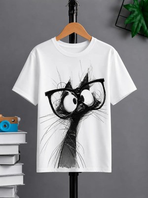 Vodexa Ünisex Oversize T-Shirt Gözlüklü Kedi Baskılı %100 Pamuk Tişört Rahat Kalıp