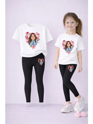 Vodexa Tayt-T-Shirt Takım Anne Kız Kombin %100 Pamuk Esnek Rahat Günlük Spor Kombin
