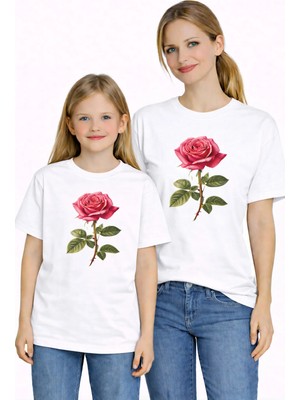 Vodexa Anne Kız Çocuk Kombin Oversize Tişört Twin T-Shirt Kırmızı Gül Baskılı