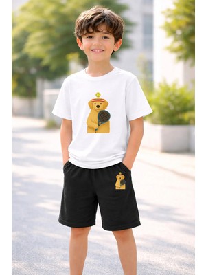 Vodexa Erkek-Kız Çocuk Tişört Şort Takım %100 Pamuk Yazlık Rahat Kalıp Baskılı T-Shirt Çocuk Kombin