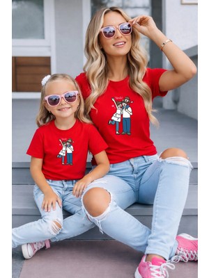 Vodexa Anne Kız Kombin Oversize Tişört Twin T-Shirt %100 Pamuk Rahat Kalıp