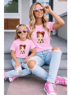Vodexa Anne Kız Kombin Oversize Tişört Twin T-Shirt %100 Pamuk Rahat Kalıp