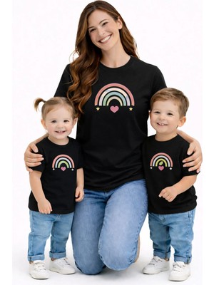 Vodexa Anne Ünisex Çocuk Kombin Oversize Tişört Twin T-Shirt Renkli Çizgiler Baskılı