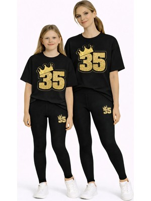 Vodexa Tayt Takım Anne Kız Çocuk Kombin Oversize Tişört Twin T-Shirt 35 Baskılı (Tekli Takım)