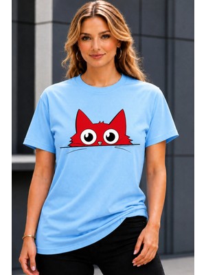 Vodexa Ünisex Oversize T-Shirt Kırmızı Kedi Baskılı %100 Pamuk Tişört Rahat Kalıp