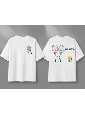 Vodexa Unisex Oversize Tennis Baskılı T-Shirt %100 Pamuk Tenis Temalı Rahat Kalıp Kısa Kollu Tişört