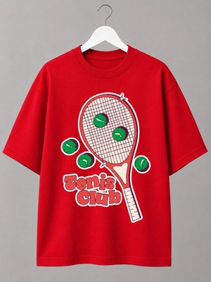 Vodexa Unisex Oversize Tennis Baskılı T-Shirt %100 Pamuk Tenis Temalı Rahat Kalıp Kısa Kollu Tişört