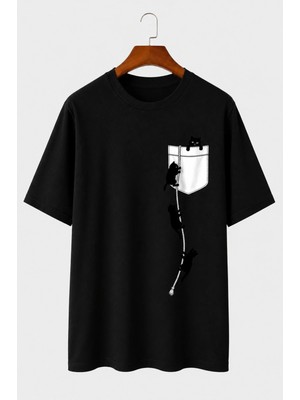 Vodexa Unisex Oversize T-Shirt Kediler Baskılı %100 Pamuk Tişört Rahat Kalıp