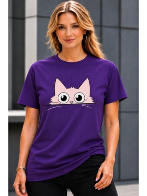 Vodexa Ünisex Oversize T-Shirt Kırmızı Kedi Baskılı %100 Pamuk Tişört Rahat Kalıp