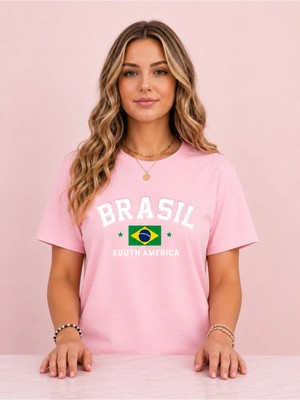 Vodexa Kadın Oversize T-Shirt Brasil Baskılı %100 Pamuk Tişört Rahat Kalıp