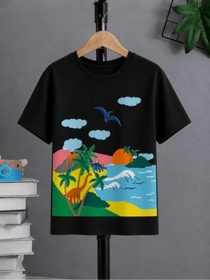 Vodexa Ünisex Oversize T-Shirt Sahil Baskılı %100 Pamuk Tişört Rahat Kalıp