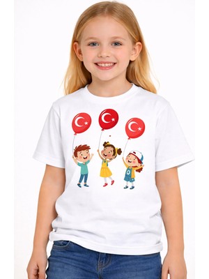 Vodexa Çocuk T-Shirt 23 Nisan Egemenlik ve Çocuk Bayramı Tişört Unisex %100 Pamuk Baskılı Rahat Kalıp