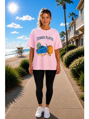Vodexa Unisex Oversize Tennis Baskılı T-Shirt %100 Pamuk Tenis Temalı Rahat Kalıp Kısa Kollu Tişört