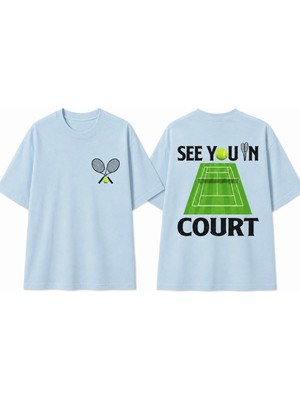 Vodexa Unisex Oversize Tennis Baskılı T-Shirt %100 Pamuk Tenis Temalı Rahat Kalıp Kısa Kollu Tişört