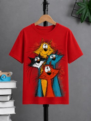 Vodexa Ünisex Oversize T-Shirt 4 Kedi Baskılı %100 Pamuk Tişört Rahat Kalıp