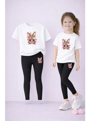 Vodexa Anne Kız Kombin Tayt-T-Shirt Takım %100 Pamuk Baskılı Esnek Rahat Günlük Spor Kombin