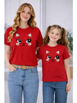 Vodexa Anne Ünisex Çocuk Kombin Oversize Tişört Twin T-Shirt Gülümseyen Yüz Baskılı