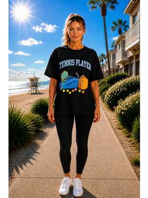 Vodexa Unisex Oversize Tennis Baskılı T-Shirt %100 Pamuk Tenis Temalı Rahat Kalıp Kısa Kollu Tişört