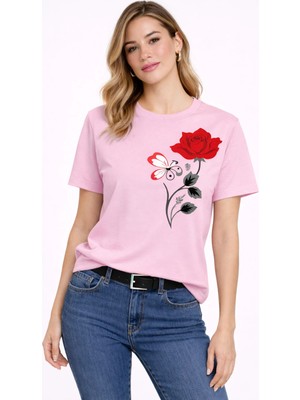 Vodexa Kadın Oversize T-Shirt Kırmızı Gül Baskılı %100 Pamuk Tişört Rahat Kalıp