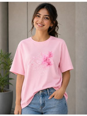 Vodexa Kadın Oversize T-Shirt Noktalı Çiiçek Baskılı %100 Pamuk Tişört Rahat Kalıp