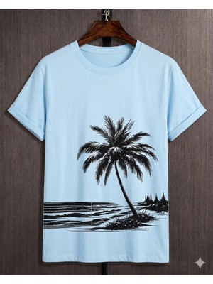 Vodexa Ünisex Oversize T-Shirt Sahilde Palmiya Baskılı %100 Pamuk Tişört Rahat Kalıp