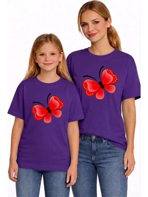 Vodexa Anne Kız Çocuk Kombin Oversize Tişört Twin T-Shirt Kırmızı Kelebek Baskılı