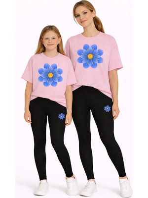 Vodexa Anne Kız Çocuk Kombin Oversize Tişört Twin T-Shirt Mavi Sarı Çiçek Baskılı