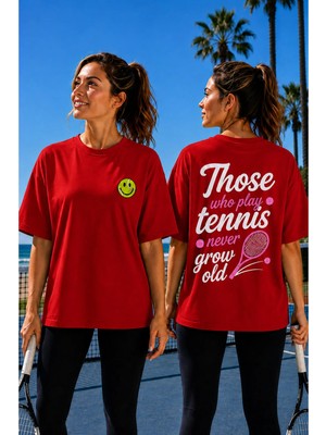 Vodexa Unisex Oversize Tennis Baskılı T-Shirt %100 Pamuk Tenis Temalı Rahat Kalıp Kısa Kollu Tişört
