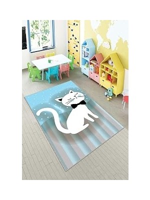 Pelangi Mavi Kedi Desenli Yıkanabilir Kaymaz Taban Leke Tutmazbebek ve Çocuk Odası Halısı, Gri-Mavi 160 x 350, 901357023160350