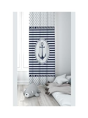 Pelangi Mavi Denizci Desenli Dijital Baskı Yıkanabilir Bebek Çocuk Odası Fon Perdesi, Lacivert-Beyaz 70 x 240