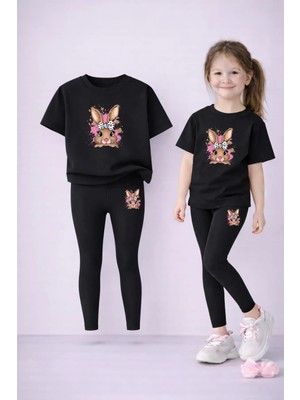 Vodexa Anne Kız Kombin Tayt-T-Shirt Takım %100 Pamuk Baskılı Esnek Rahat Günlük Spor Kombin