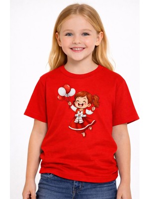 Vodexa Ünisex Neşeli Kız Baskılı Çocuk Tişört %100 Pamuk – Kırmızı Unisex Yazlık Çocuk T-Shirt