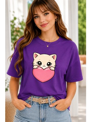 Vodexa Kadın Oversize T-Shirt Kalpli Kedi Baskılı %100 Pamuk Tişört Rahat Kalıp